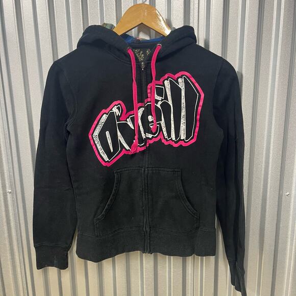 VTG O'Neil Surf Skate Black Graphic Zipup Hoodie Pink Womens Boxy SZ S - Picture 1 of 3